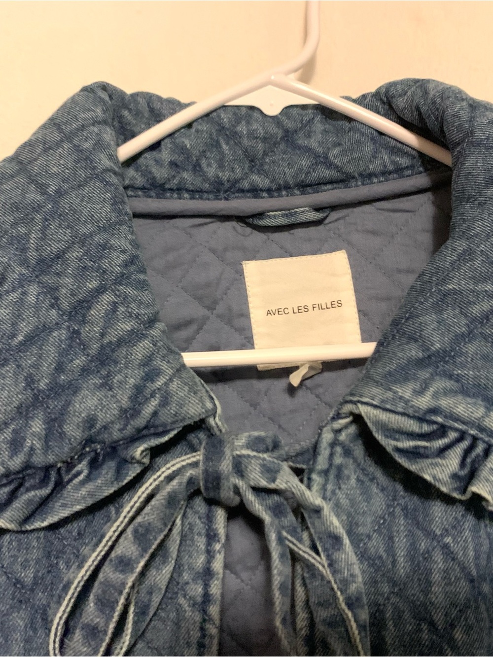 Anthropologie Avec Les Filles Quilted Denim Jacket Ruffle Tie Front XL 16/18 - Picture 3 of 10